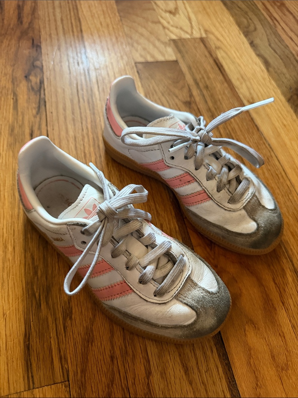 adidas Kids Samba Sneaker in White with Pink Stripes and Gum Sole - Picture 3 of 9